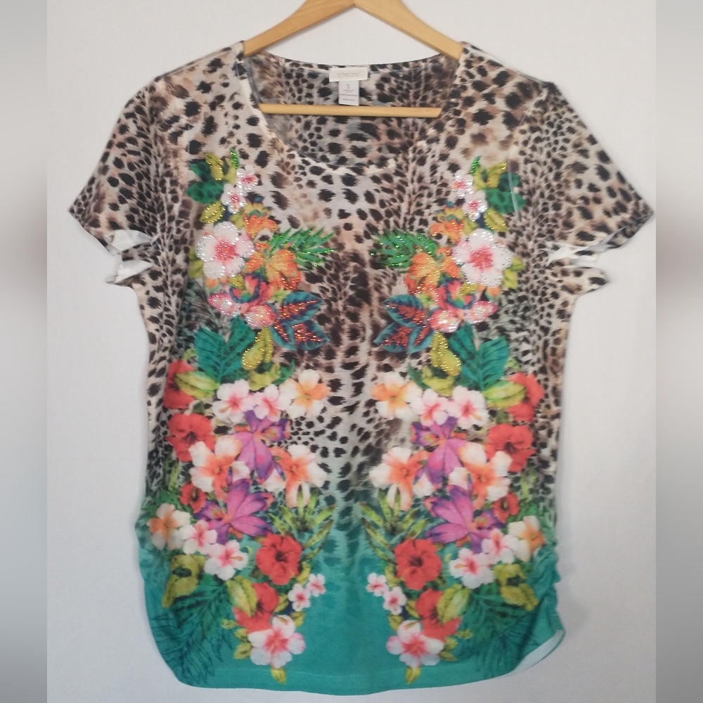Chico's Multicolor Floral Leopard Print Top Bedazzled Jewel Embellishments 1
